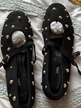 ZARA Black Suede Flats with Gold Stud Detailing